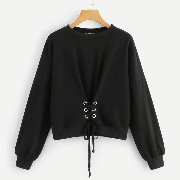 

Lace-Up Front Solid Pullover