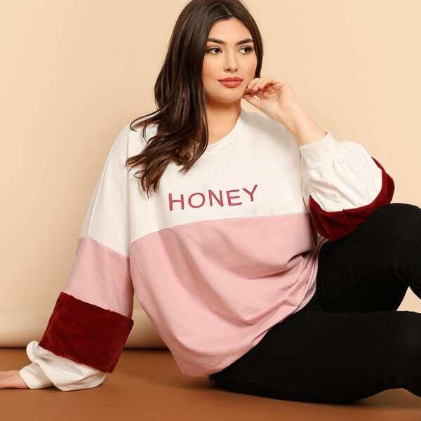 

Plus Faux Fur Detail Letter Pullover