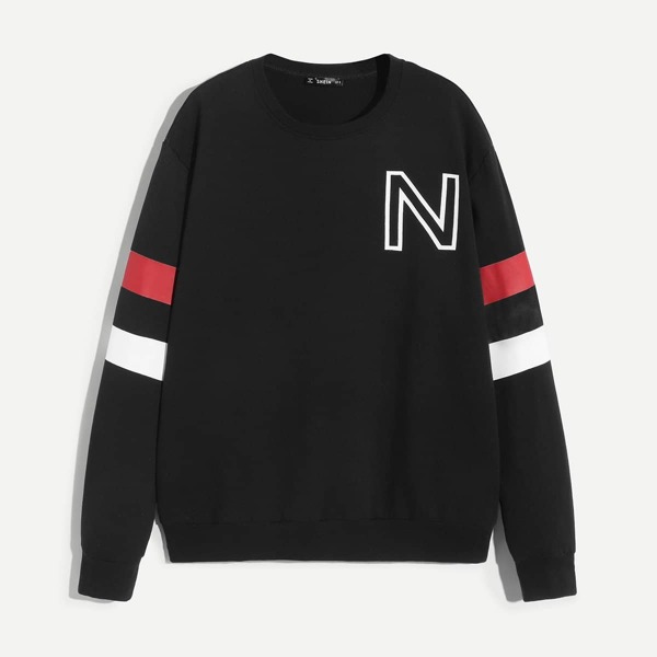 

Men Crew Neck Color Block Letter Pullover, Black