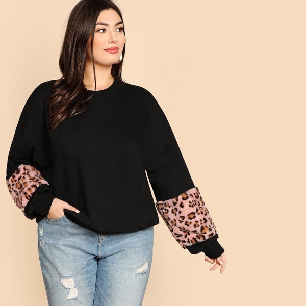 

Plus Drop Shoulder Leopard Panel Sweatshirt
