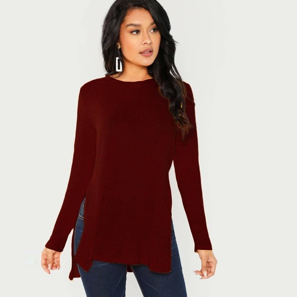 

Split Side Dip Hem Rib Knit Tee