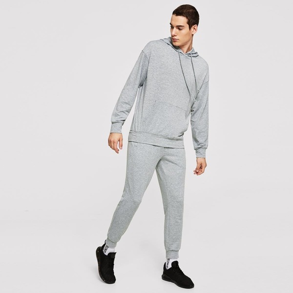 

Men Drawstring Hoodie Top & Pants Set, Grey
