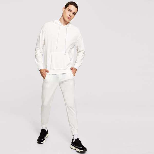 

Men Drawstring Hoodie Top & Pants Set, White