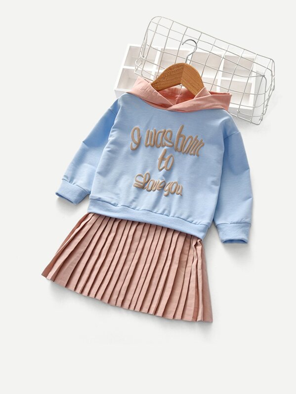 

Toddler Girls Slogan Graphic Pleated 2 In 1 Hoodie Dress, Multicolor