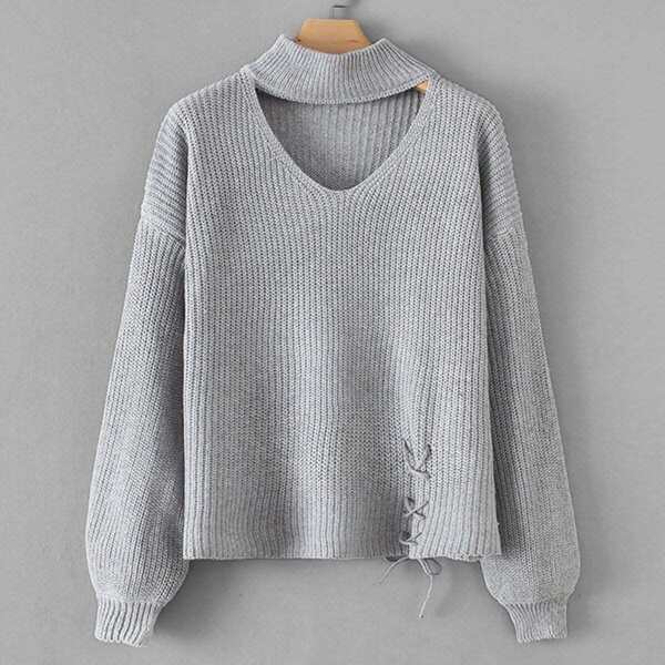 

Drop Shoulder Lace- Up Solid Jumper