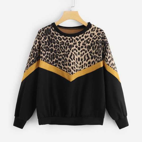 

Leopard Panel Drop Shoulder Sweatshirt, Multicolor