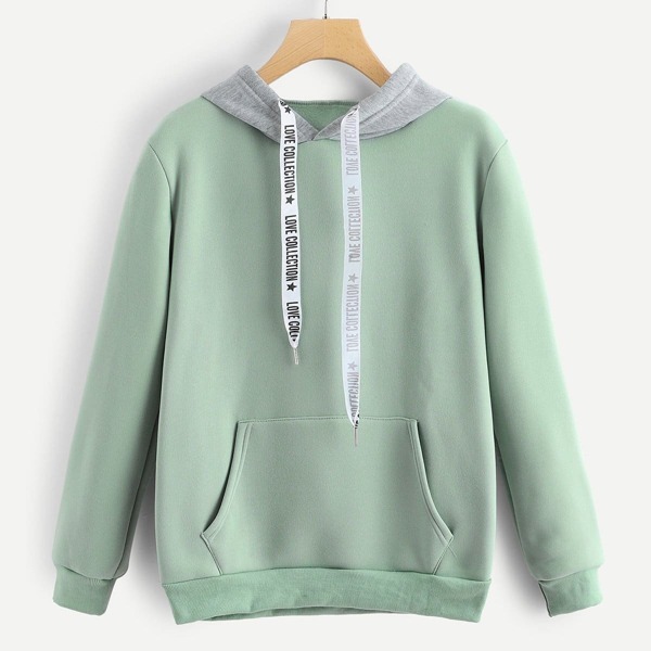 

Kangaroo Pocket Letter Print Tape Hoodie