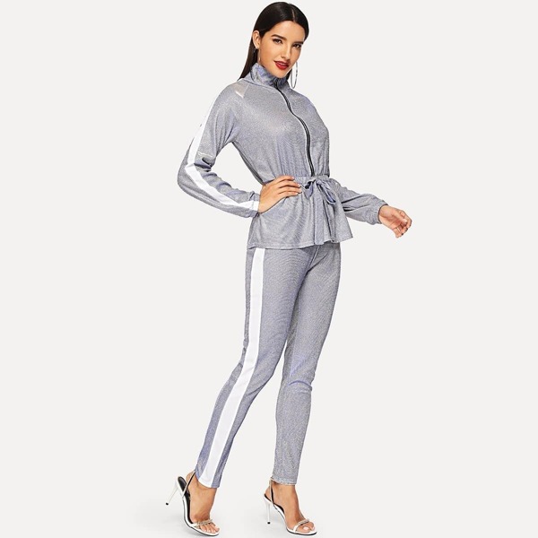 

Metallic Striped Side Jacket With Pants, Grey