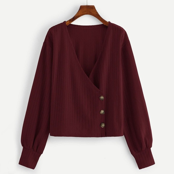 

Plus Solid Drop Shoulder V-Neck Blouse, Burgundy