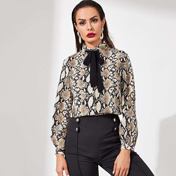 

Contrast Tie Neck Snake Print Blouse