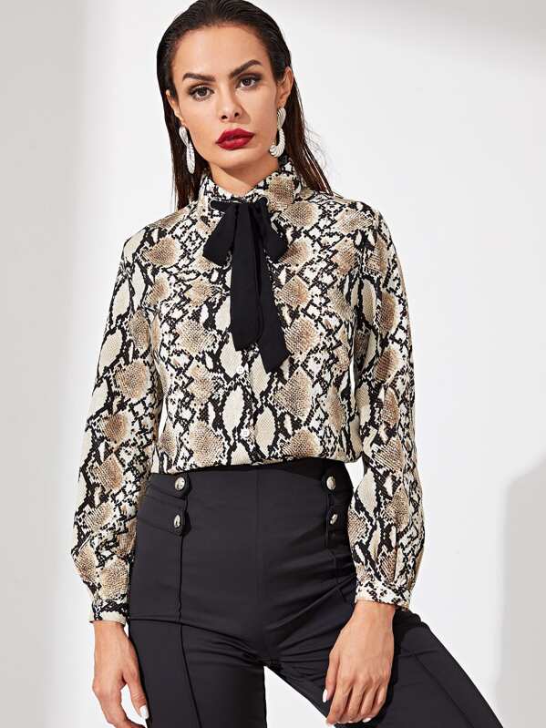 

Contrast Tie Neck Snake Print Blouse, Multicolor, Andy