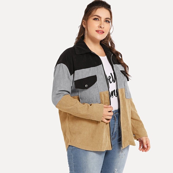 

Plus Colorblock Pocket Detail Corduroy Jacket