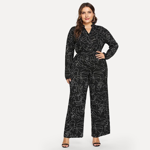 

Plus Random Print V-Neck Jumpsuit