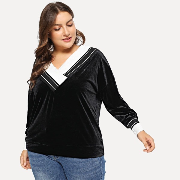 

Plus Contrast Trim V-Neck Velvet Sweatshirt