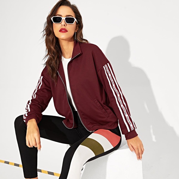 

Letter Tape Detail Drop Shoulder Jacket, Burgundy