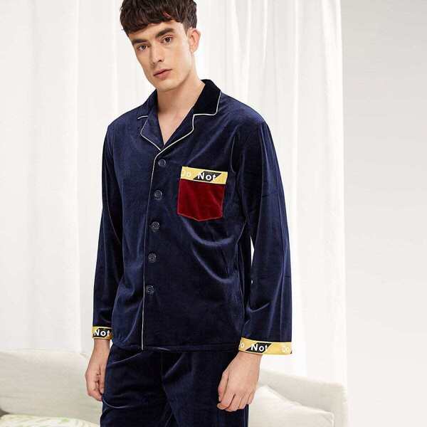 

Men Letter Tape Side Velvet Pajama Set