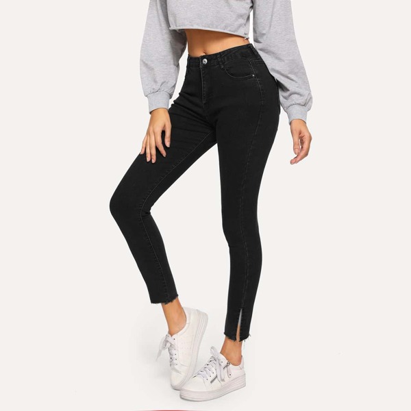 

Raw Hem Split Skinny Jeans, Black