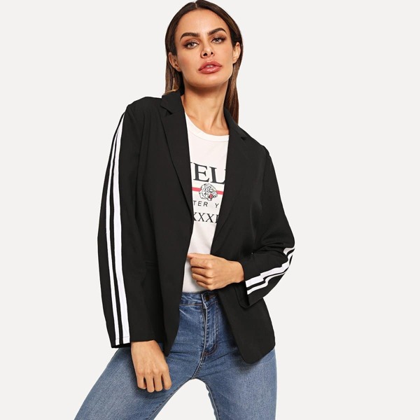 

Notch Collar Striped Side Blazer, Black