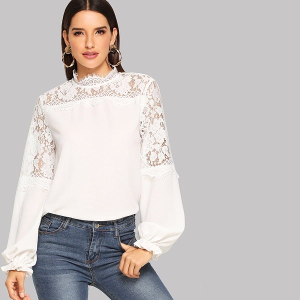

Eyelash Lace Yoke Frilled Bishop Sleeve Top
