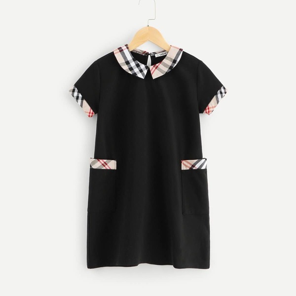

Girls Keyhole Back Contrast Collar Dress, Black