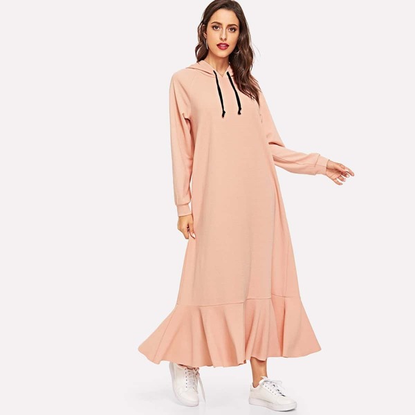 

Raglan Sleeve Ruffle Hem Hooded Hijab Dress