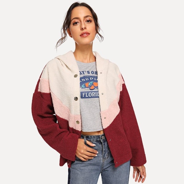 

Colorblock Zip Up Teddy Jacket, Multicolor