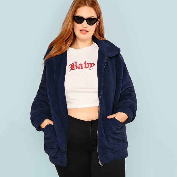 

Plus Zip Up Pocket Patched Teddy Coat