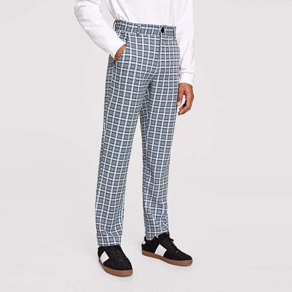 

Men Button Front Plaid Pants, Grey
