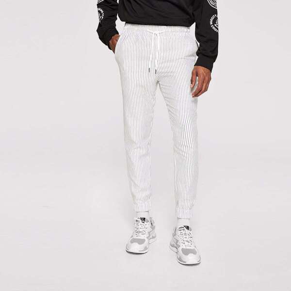 

Men Drawstring Waist Elastic Hem Striped Pants