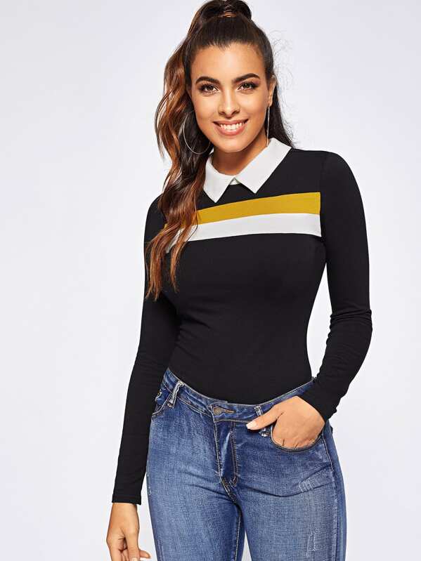 

Contrast Collar Colorblock Tee, Black, DANI A