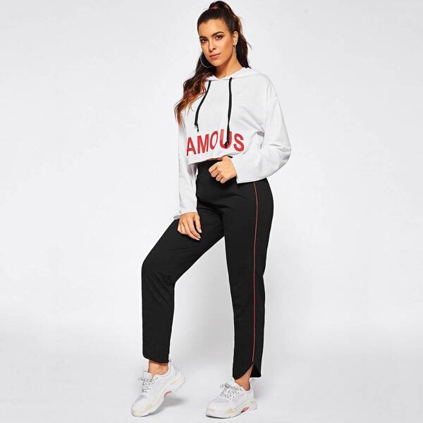 

Letter Crop Hoodie and Contrast Binding Pants Set