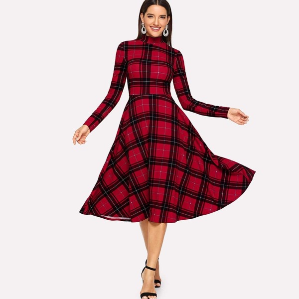 

Mock Neck Fit & Flare Plaid Dress