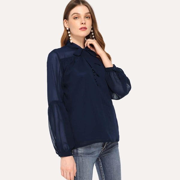 Tie Neck Button Detail Top