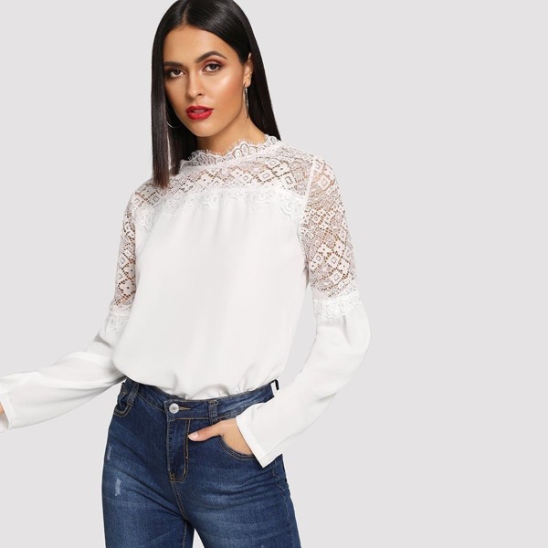 

Floral Lace Yoke Frill Neck Blouse