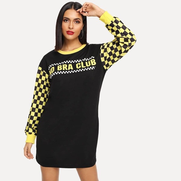 

Checked and Letter Print Dress