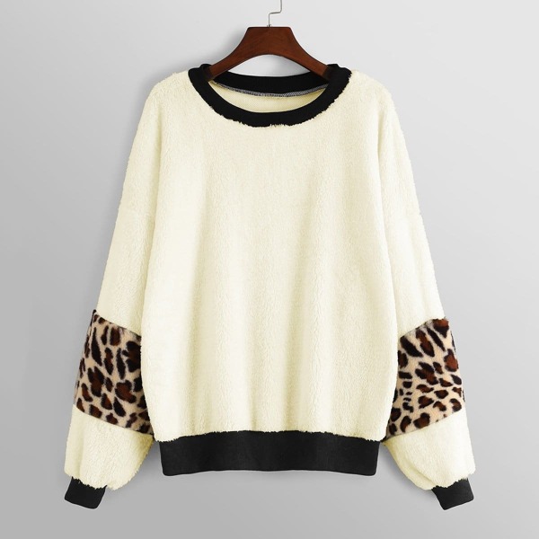 

Contrast Leopard Print Teddy Sweatshirt