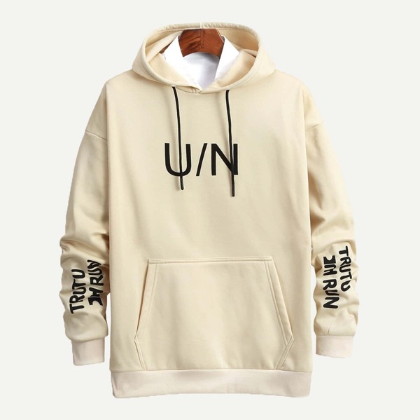 

Men Letter Print Hoodie, Beige