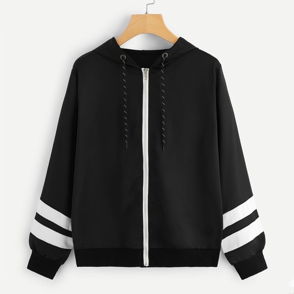

Striped Tape Sleeve Zip-Up Hooded Jacket, Black