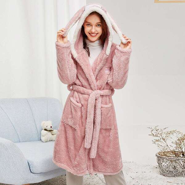 

Rabbit Pattern Self Belted Plush Robe