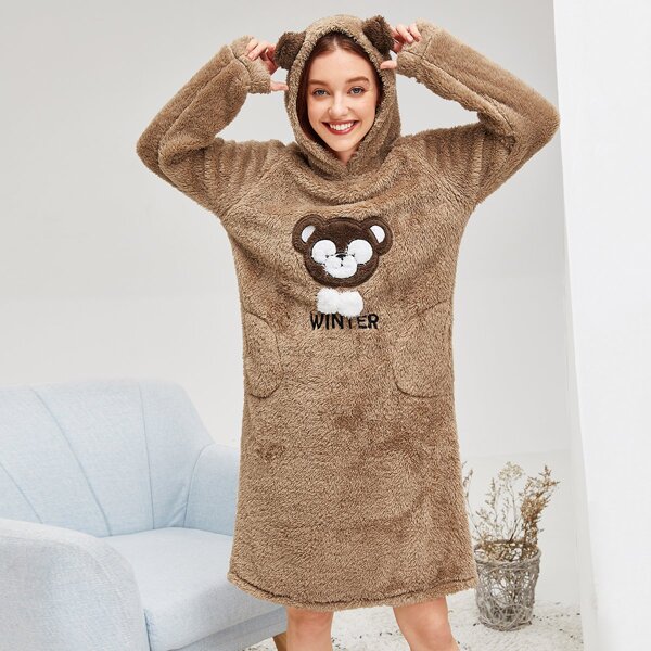 

Bear Pattern Plush Hooded Dress