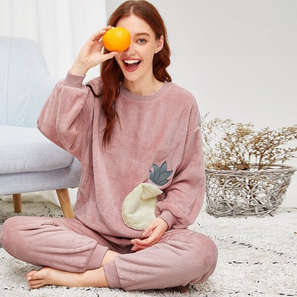 

Pineapple Embroidered Plush Pajama Set, Pink