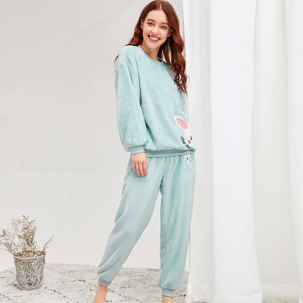 

Rabbit Embroidered Plush Pajama Set