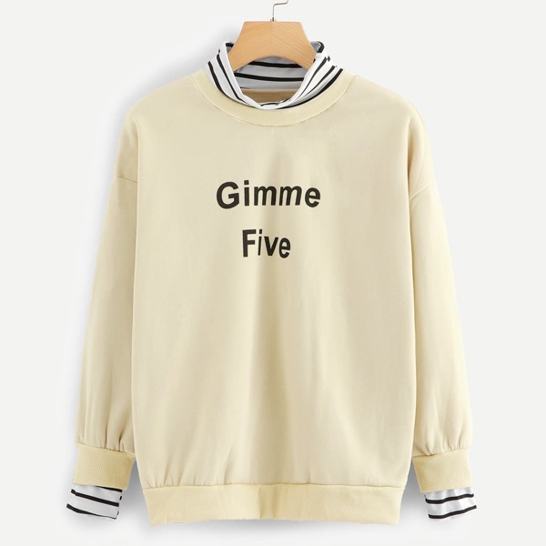 

Contrast Striped Letter Graphic Sweatshirt, Beige