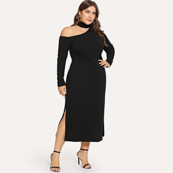 

Plus Asymmetrical Neck Split Side Dress, Black
