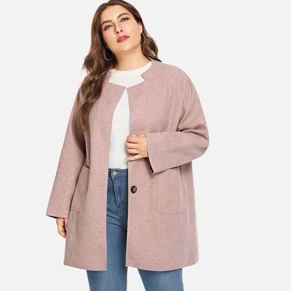 

Plus Single Breasted Pocket Side Outerwear, Pink