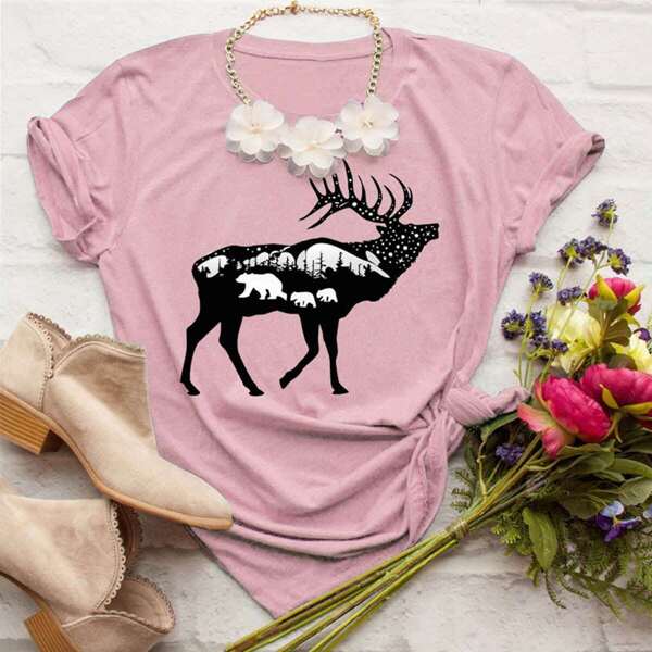 

Deer & Bear Print Tee, Pink