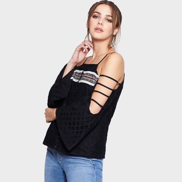 

Open Shoulder Bell Sleeve Top, Black