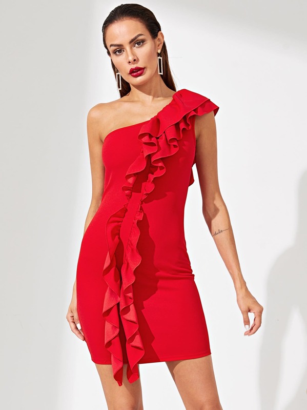 

Ruffle Trim One Shoulder Dress, Red, Andy