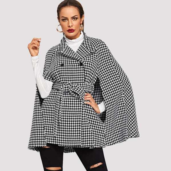 

Cloak Sleeve Tie Waist Houndstooth Coat