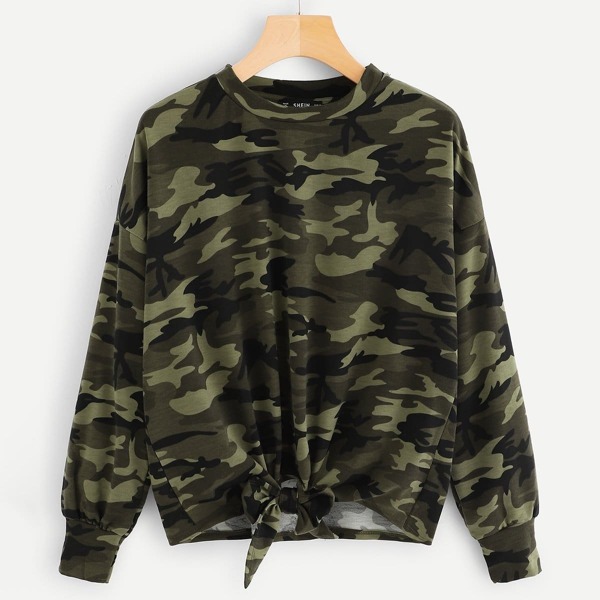 

Knot Front Camo Print Sweatshirt